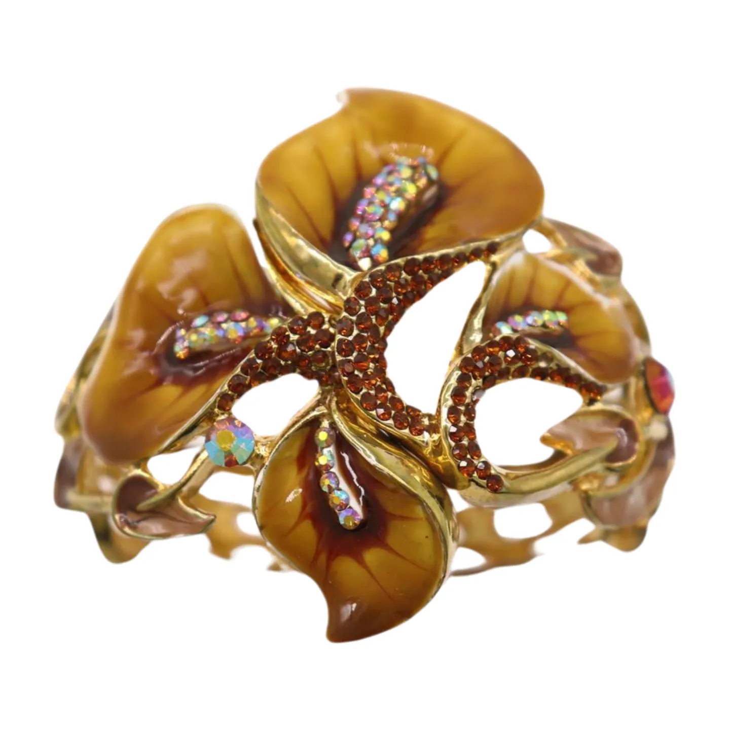New Women Gold Metal Big Lily Brown Flower Wrist Cuff Bracelet Fancy Fashion Jewelry
