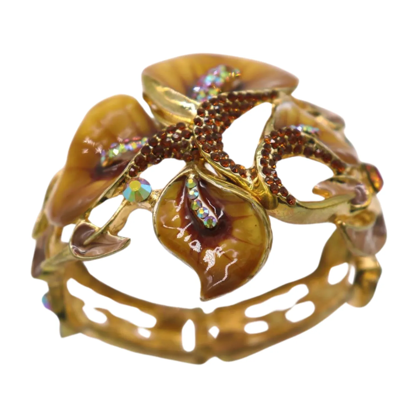 New Women Gold Metal Big Lily Brown Flower Wrist Cuff Bracelet Fancy Fashion Jewelry