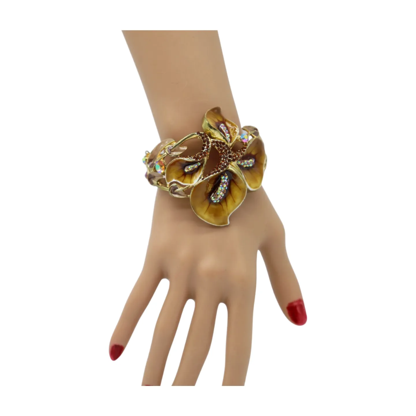 New Women Gold Metal Big Lily Brown Flower Wrist Cuff Bracelet Fancy Fashion Jewelry