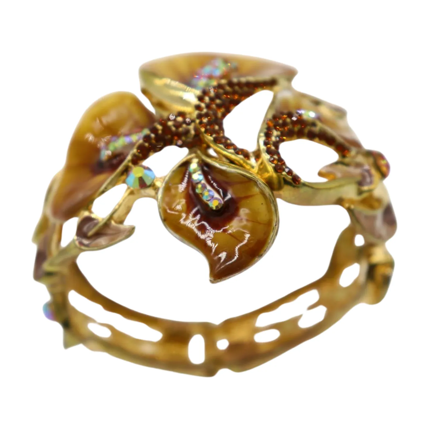 New Women Gold Metal Big Lily Brown Flower Wrist Cuff Bracelet Fancy Fashion Jewelry