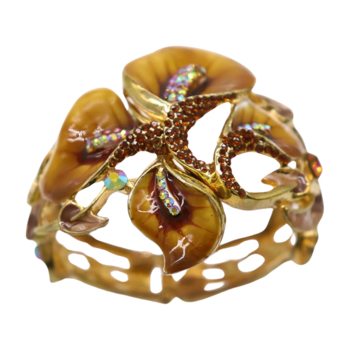 New Women Gold Metal Big Lily Brown Flower Wrist Cuff Bracelet Fancy Fashion Jewelry