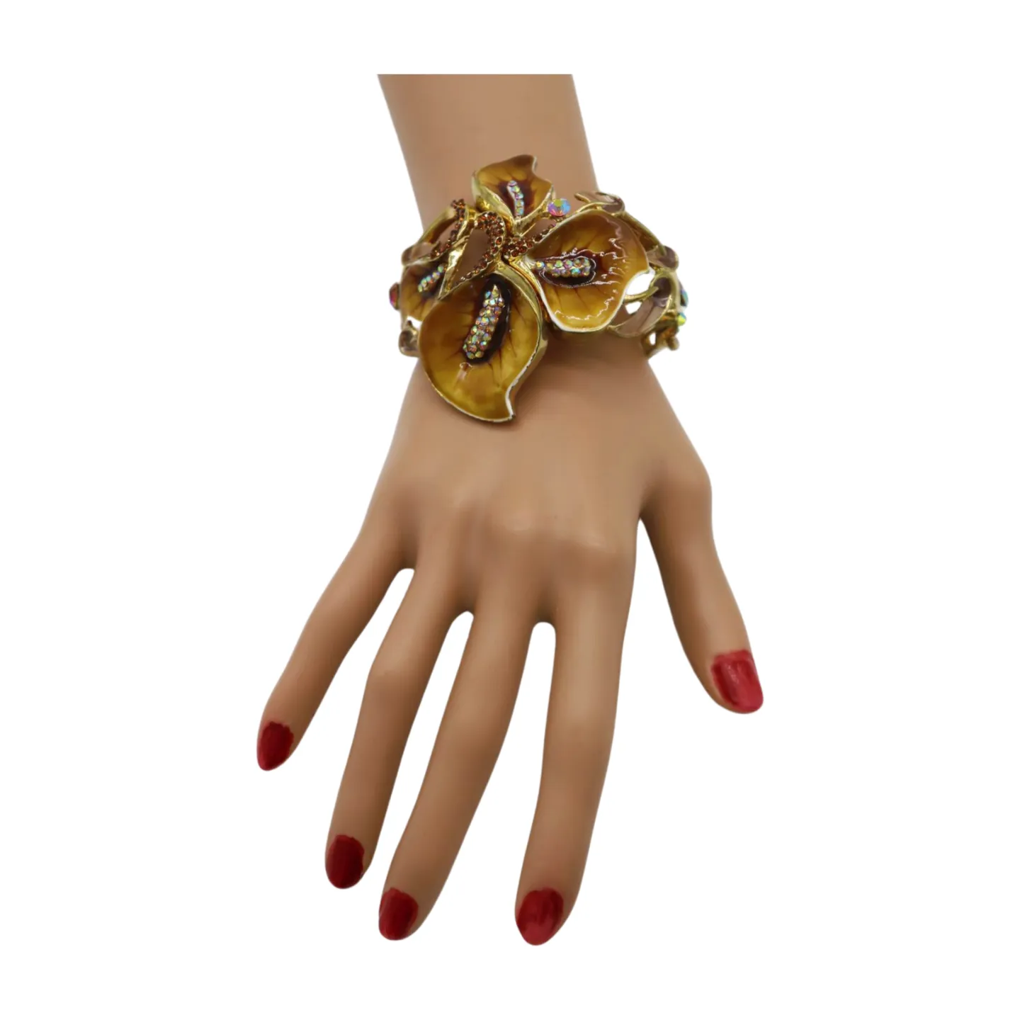 New Women Gold Metal Big Lily Brown Flower Wrist Cuff Bracelet Fancy Fashion Jewelry