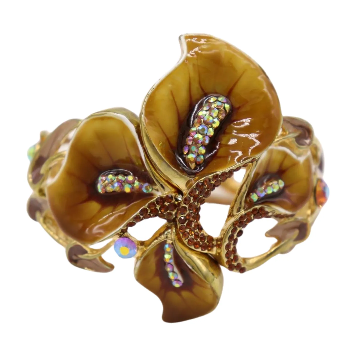 New Women Gold Metal Big Lily Brown Flower Wrist Cuff Bracelet Fancy Fashion Jewelry
