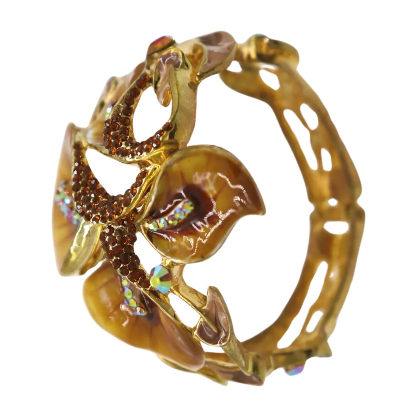 New Women Gold Metal Big Lily Brown Flower Wrist Cuff Bracelet Fancy Fashion Jewelry