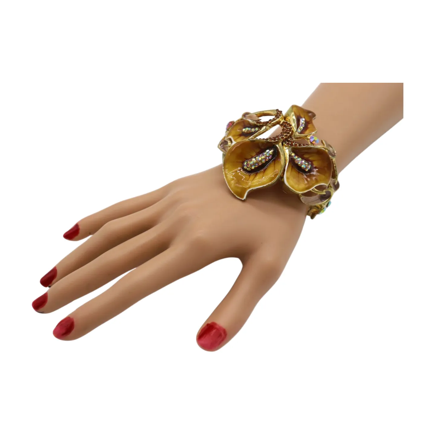 New Women Gold Metal Big Lily Brown Flower Wrist Cuff Bracelet Fancy Fashion Jewelry