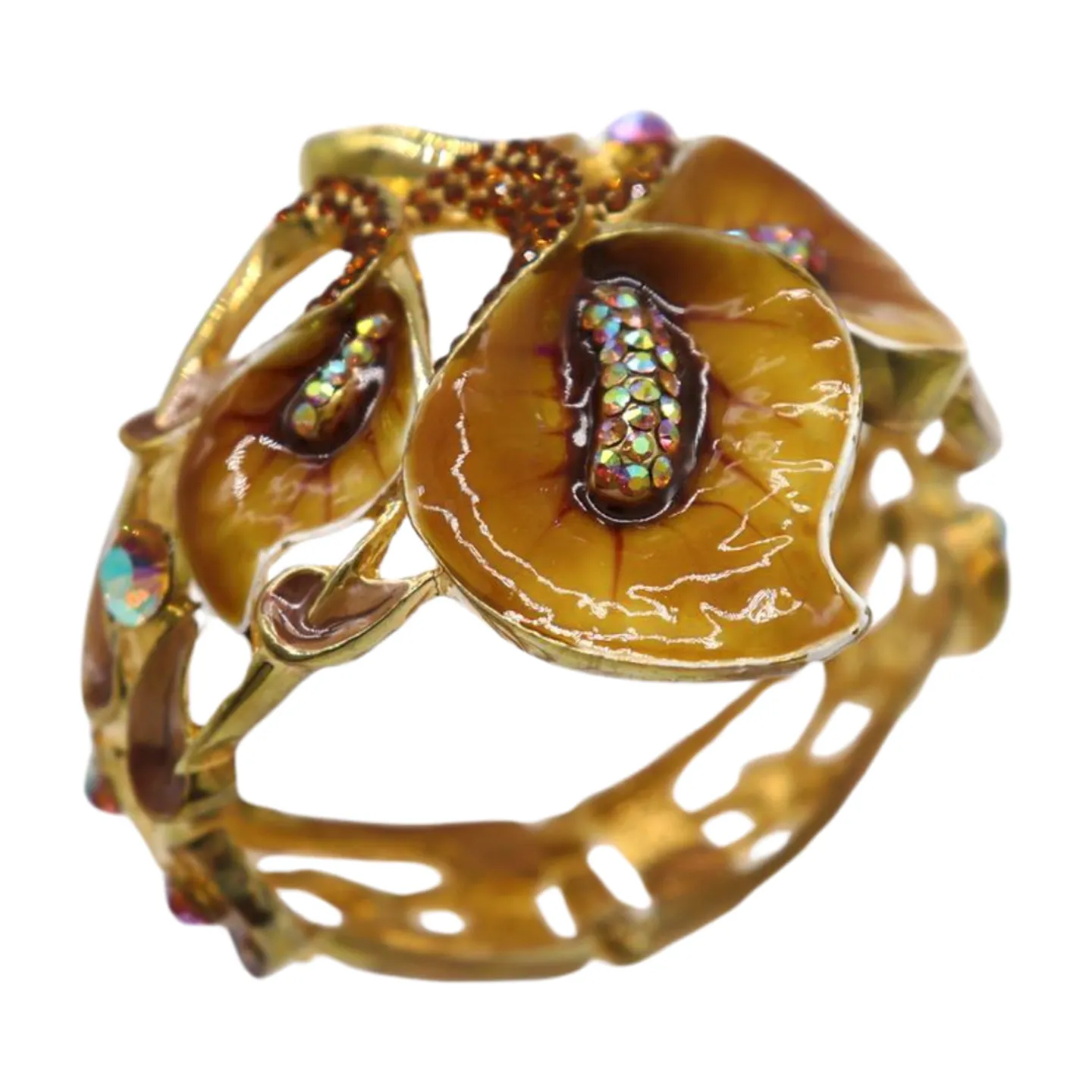 New Women Gold Metal Big Lily Brown Flower Wrist Cuff Bracelet Fancy Fashion Jewelry