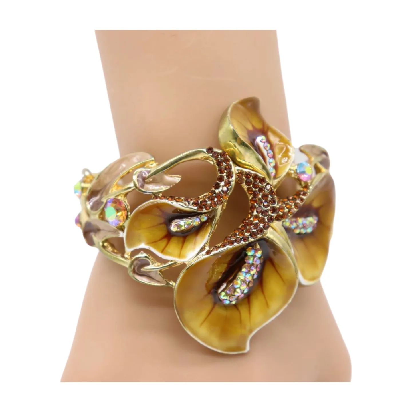 New Women Gold Metal Big Lily Brown Flower Wrist Cuff Bracelet Fancy Fashion Jewelry