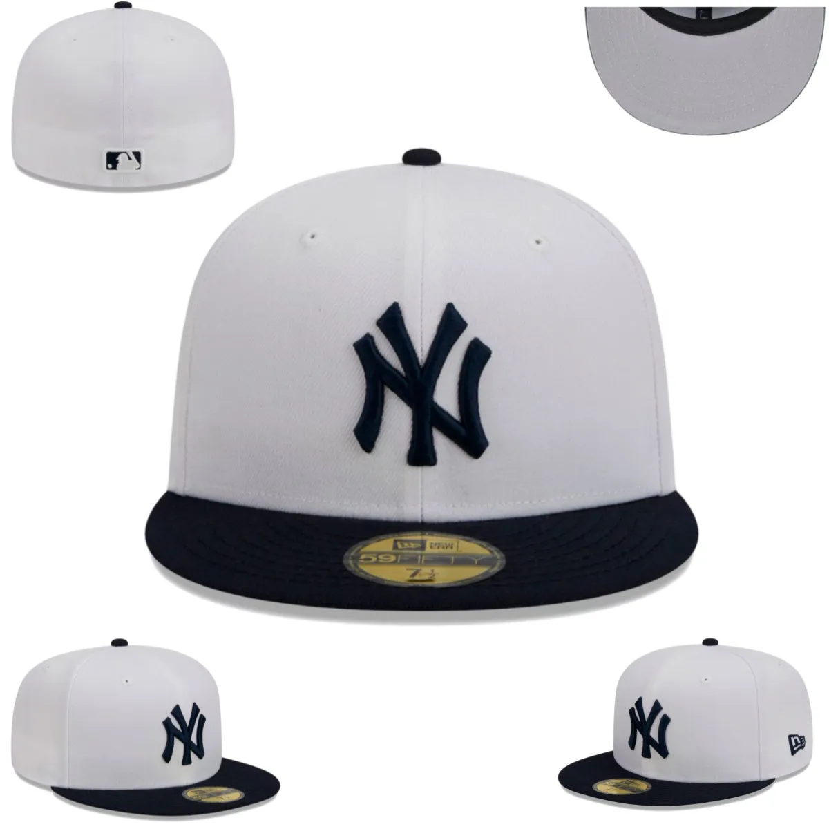 New York Yankees White and Navy Blue Fitted Hat with Embroidered Logo