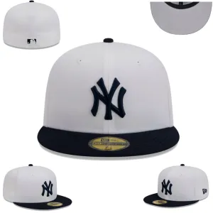 New York Yankees White and Navy Blue Fitted Hat with Embroidered Logo