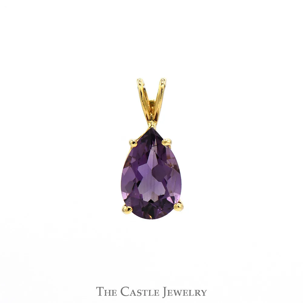 Pear Cut Amethyst Solitaire Pendant in 10k Yellow Gold Split Bail