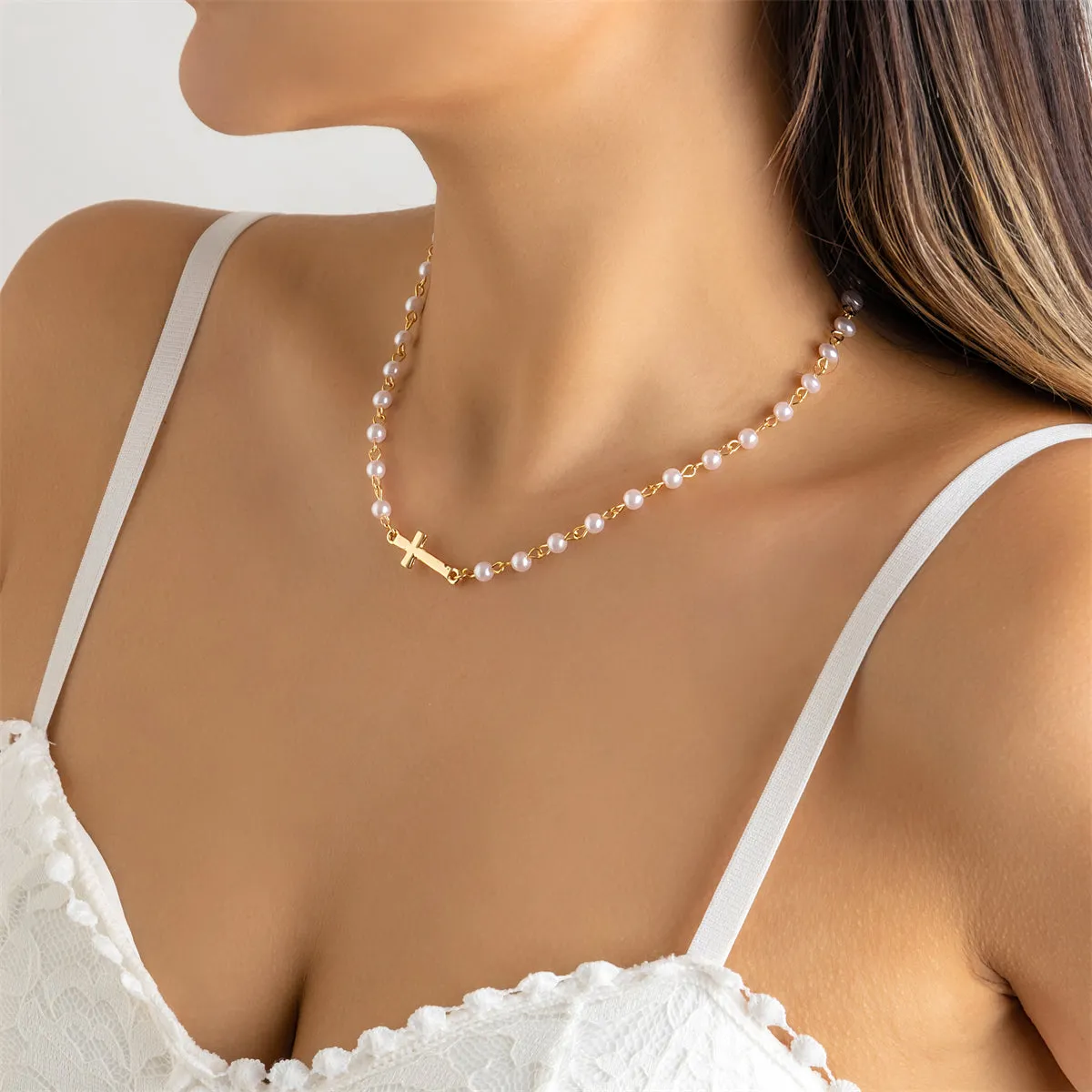 Pearl & 18K Gold-Plated Sideways Cross Pendant Necklace