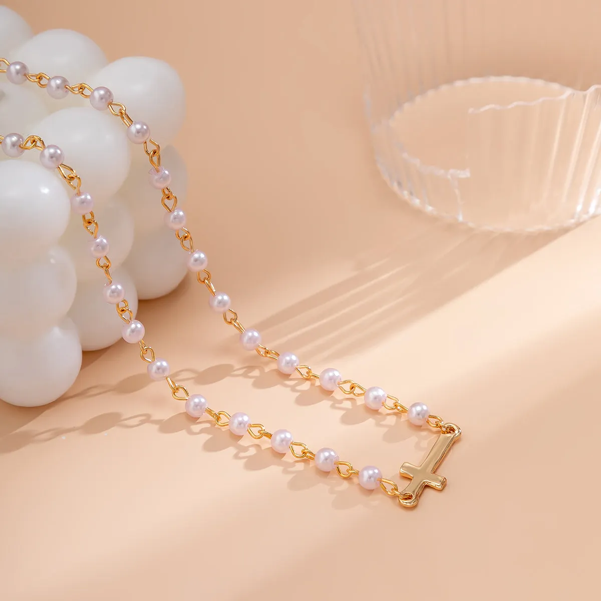 Pearl & 18K Gold-Plated Sideways Cross Pendant Necklace