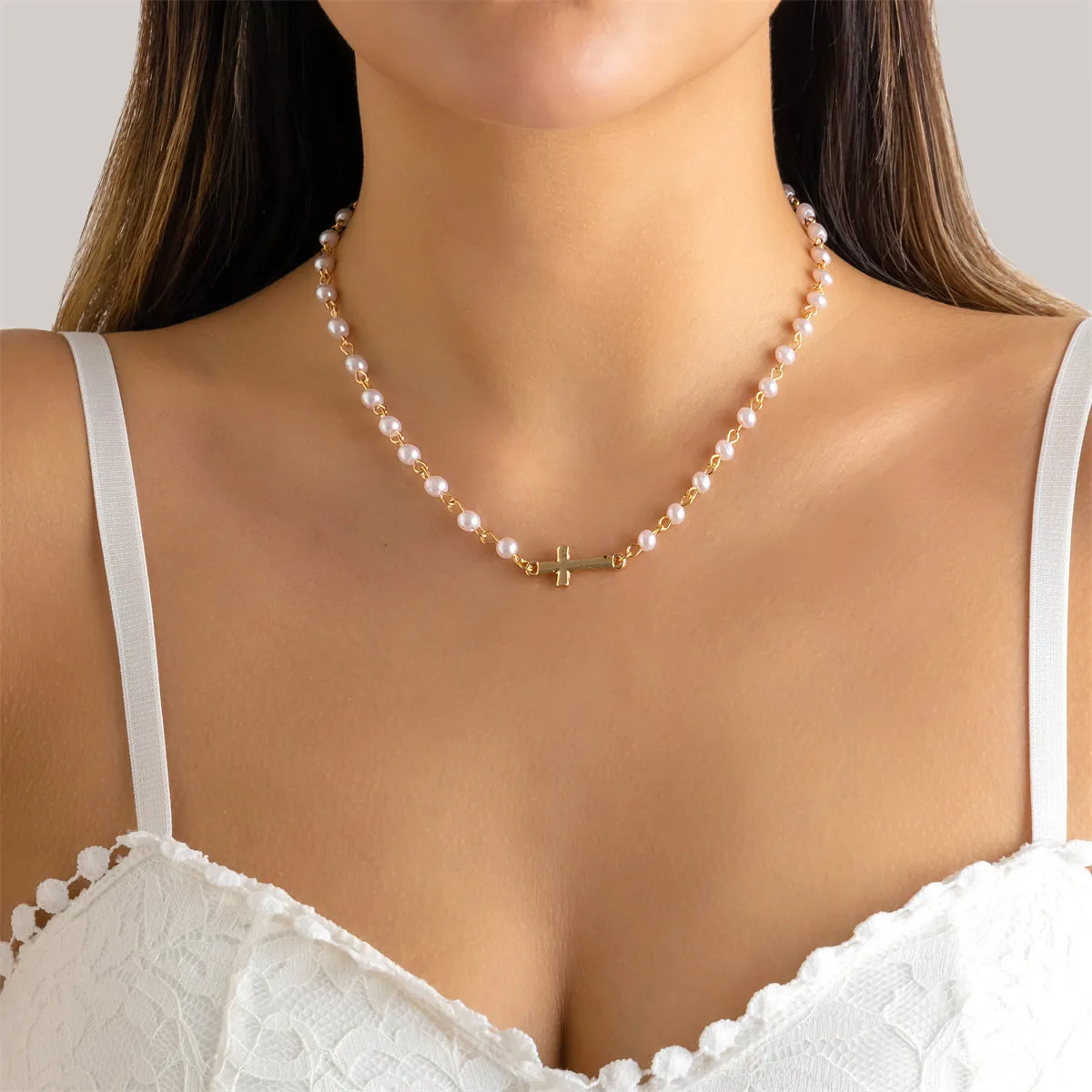 Pearl & 18K Gold-Plated Sideways Cross Pendant Necklace