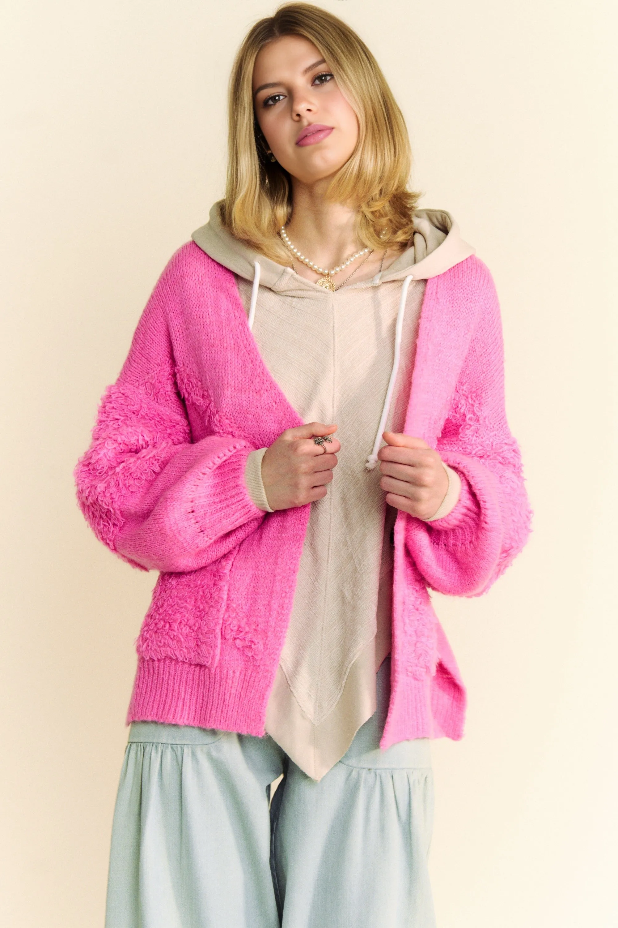 Pink Open Front Long Sleeve Cardigan