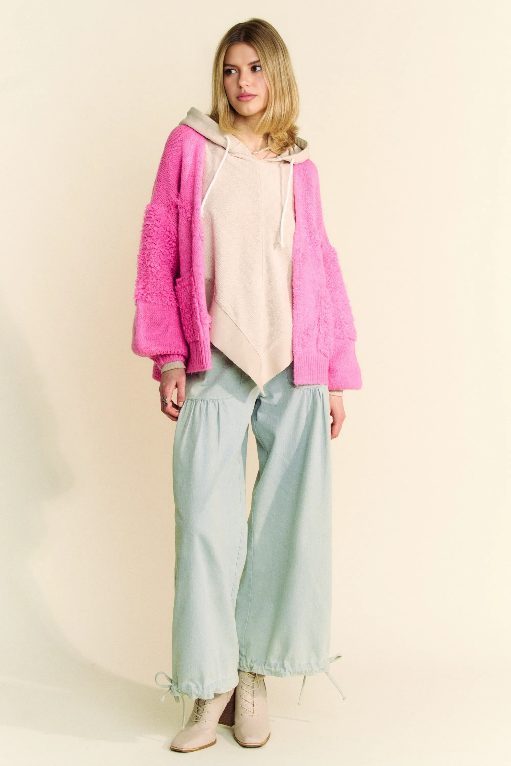 Pink Open Front Long Sleeve Cardigan