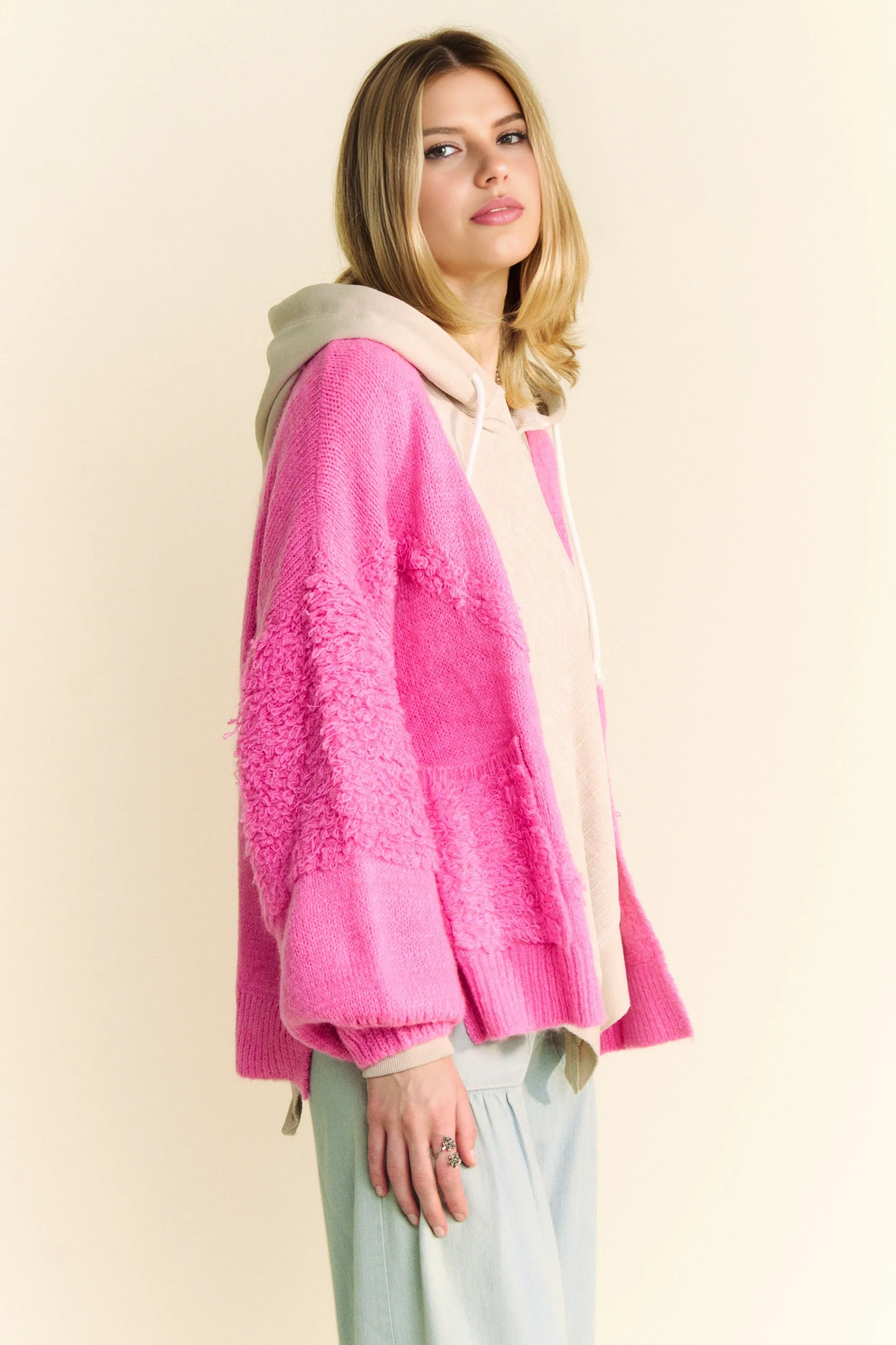 Pink Open Front Long Sleeve Cardigan