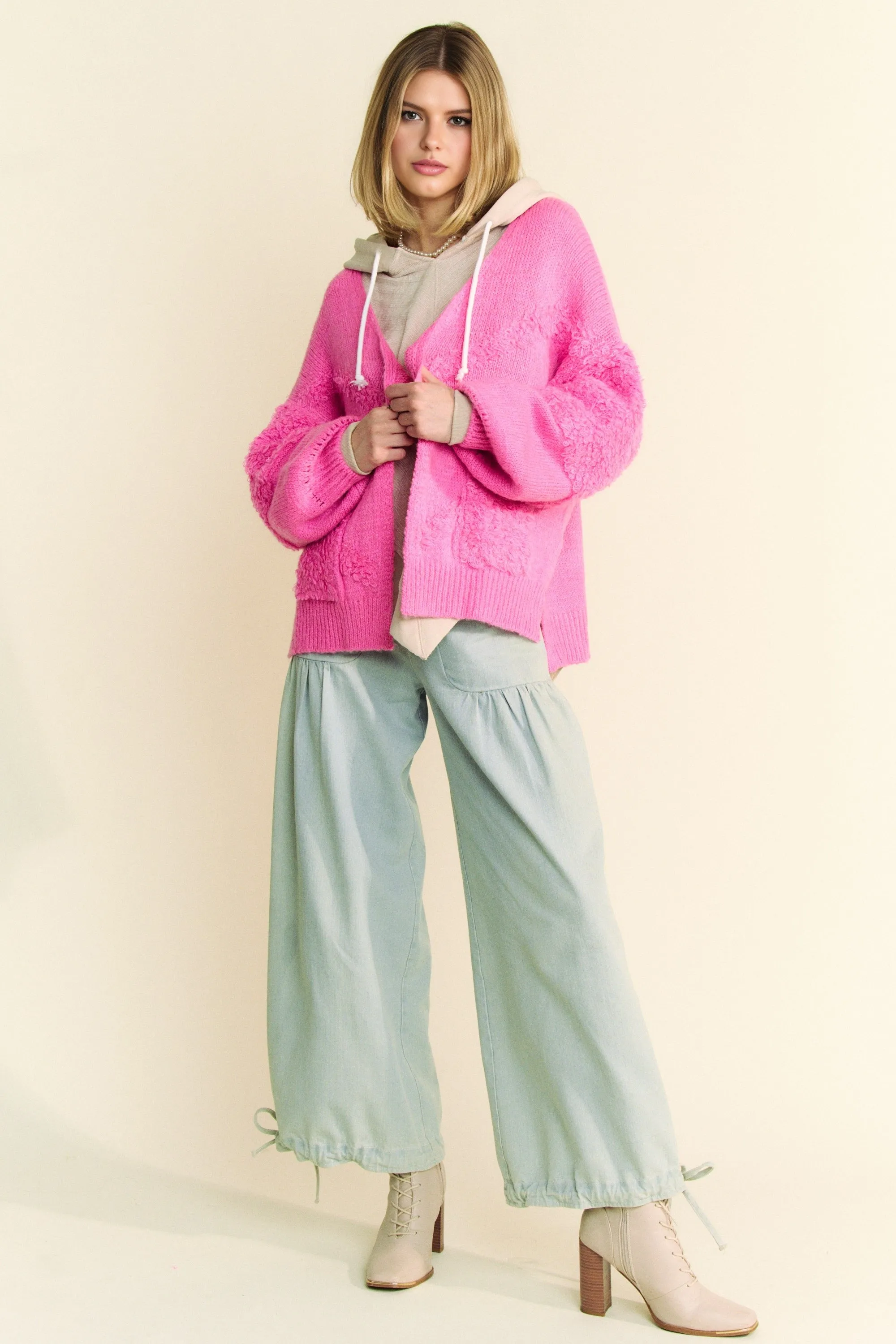 Pink Open Front Long Sleeve Cardigan