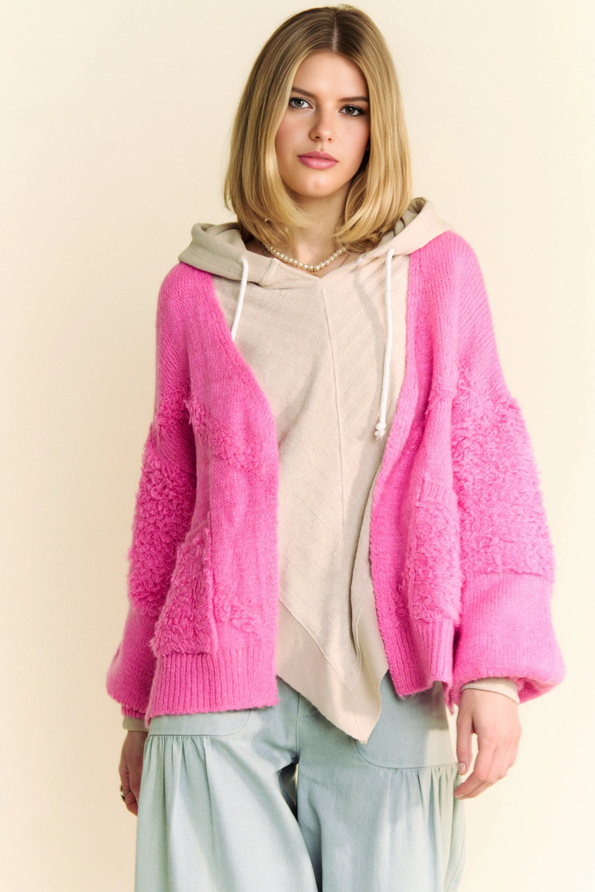 Pink Open Front Long Sleeve Cardigan