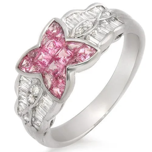 Pink Sapphire & Diamond Flower Ring, 18k White Gold