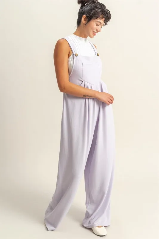 Pleated Detail Front Pocket Wide Strap Overalls