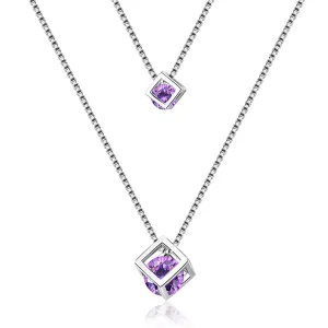 Purple Cubic Zirconia & Silver-Plated Double Layer Cube Pendant Necklace