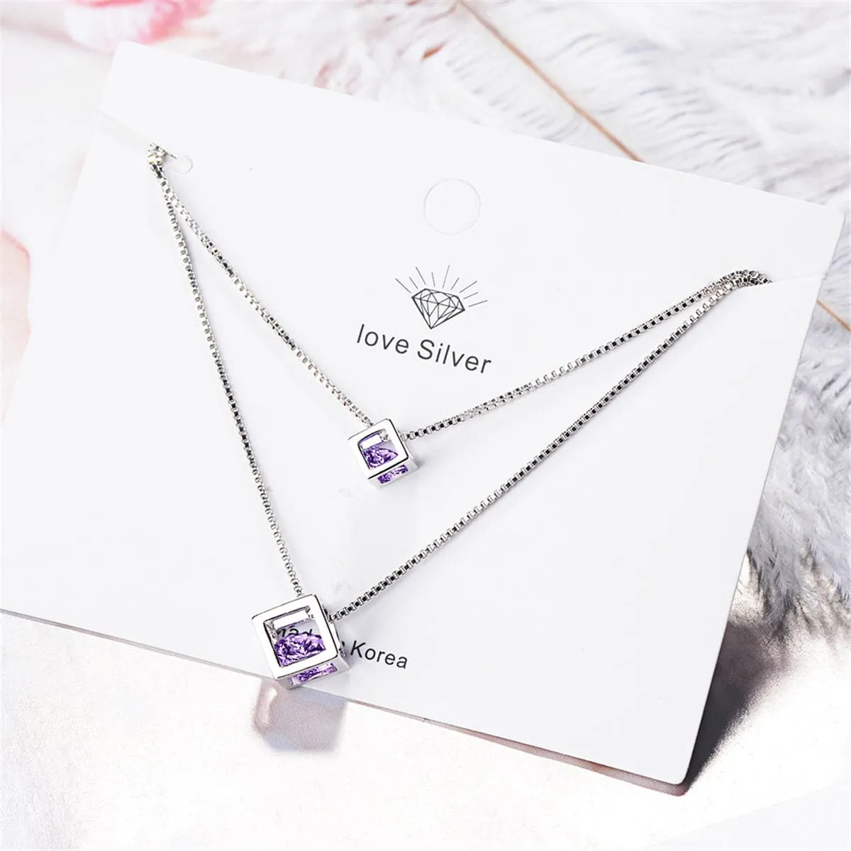 Purple Cubic Zirconia & Silver-Plated Double Layer Cube Pendant Necklace