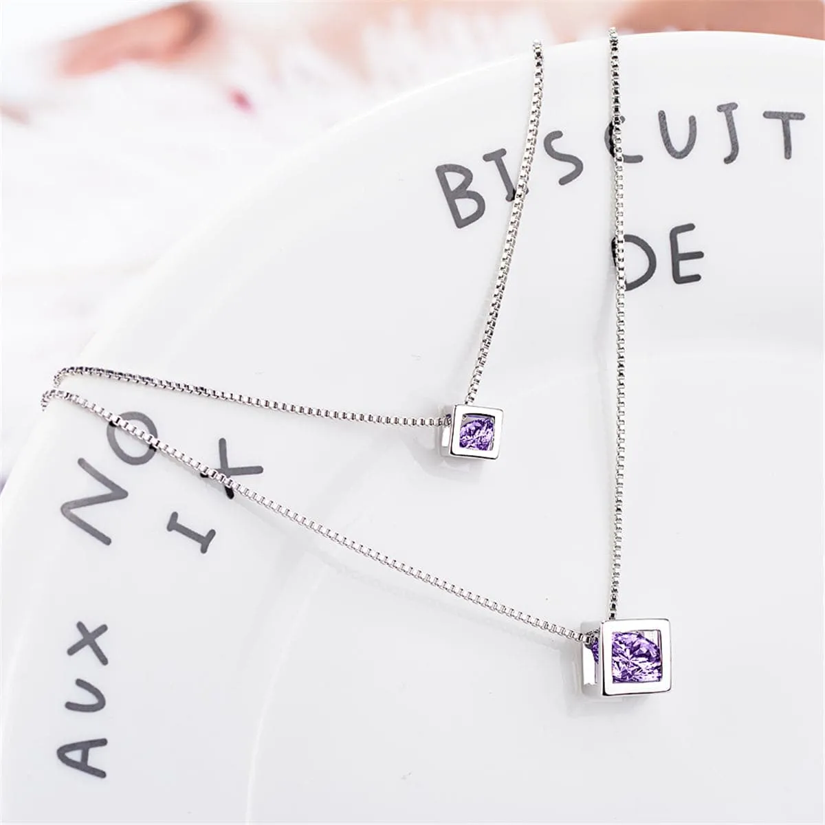 Purple Cubic Zirconia & Silver-Plated Double Layer Cube Pendant Necklace