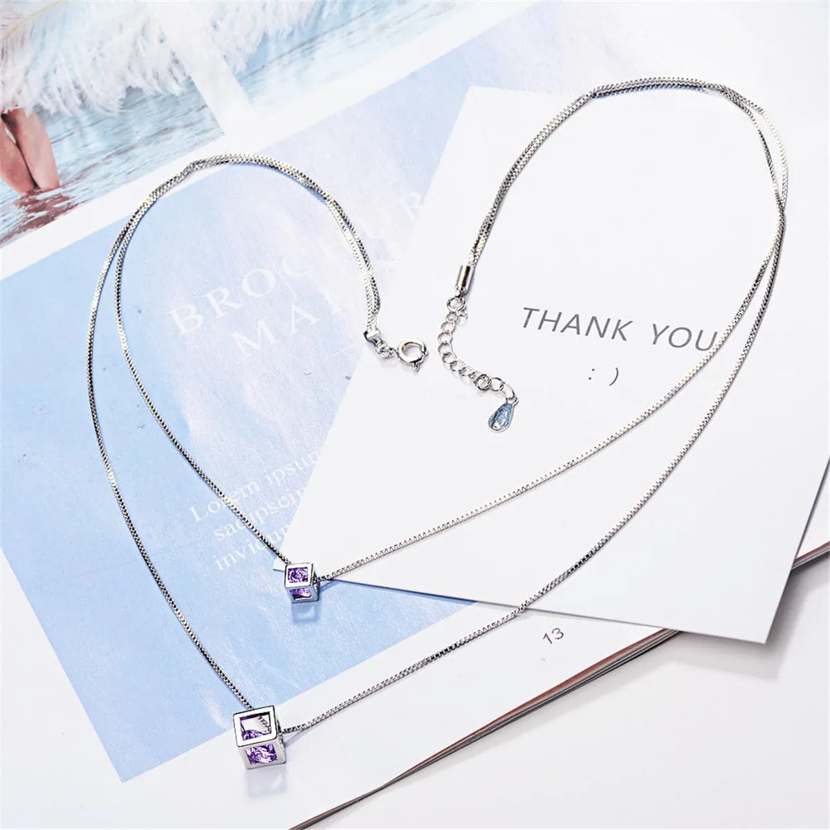 Purple Cubic Zirconia & Silver-Plated Double Layer Cube Pendant Necklace