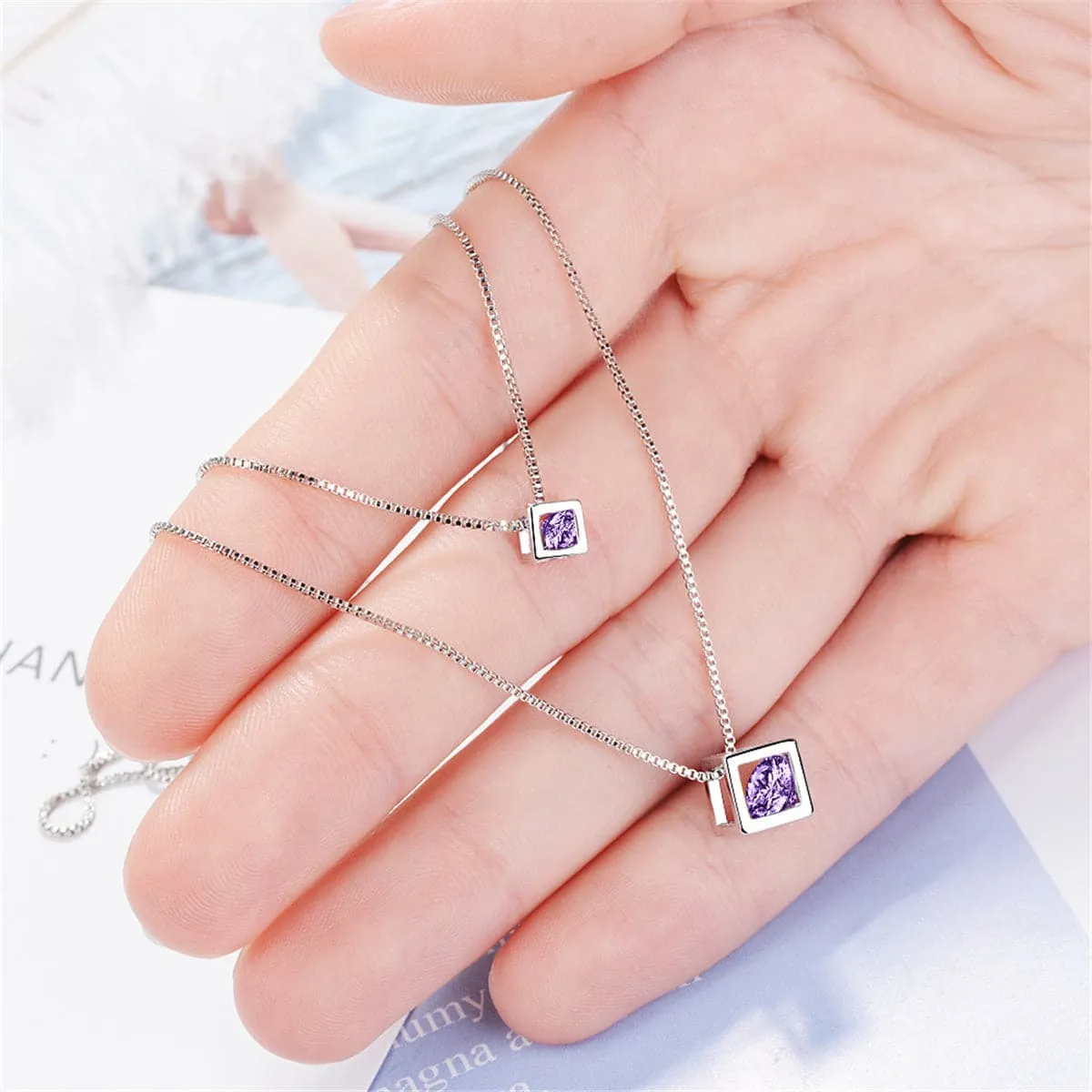 Purple Cubic Zirconia & Silver-Plated Double Layer Cube Pendant Necklace