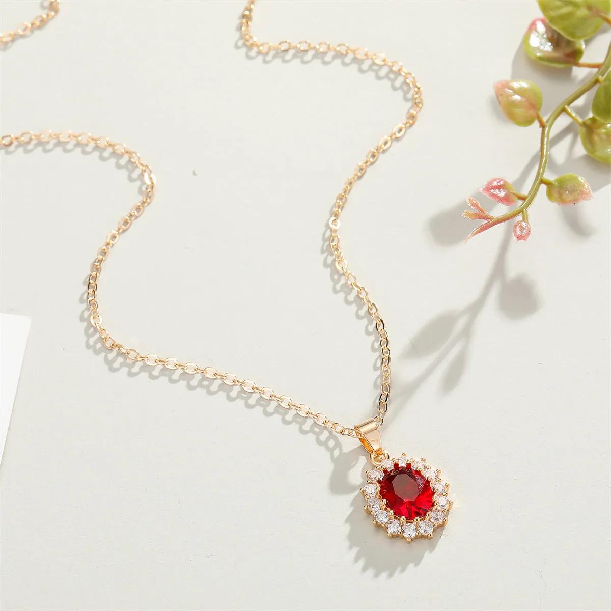 Red Crystal & Cubic Zirconia Oval Pendant Necklace