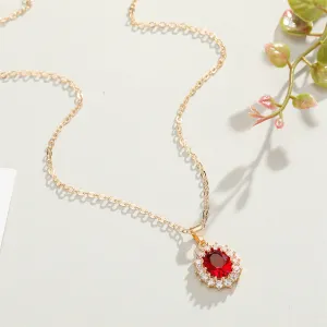 Red Crystal & Cubic Zirconia Oval Pendant Necklace