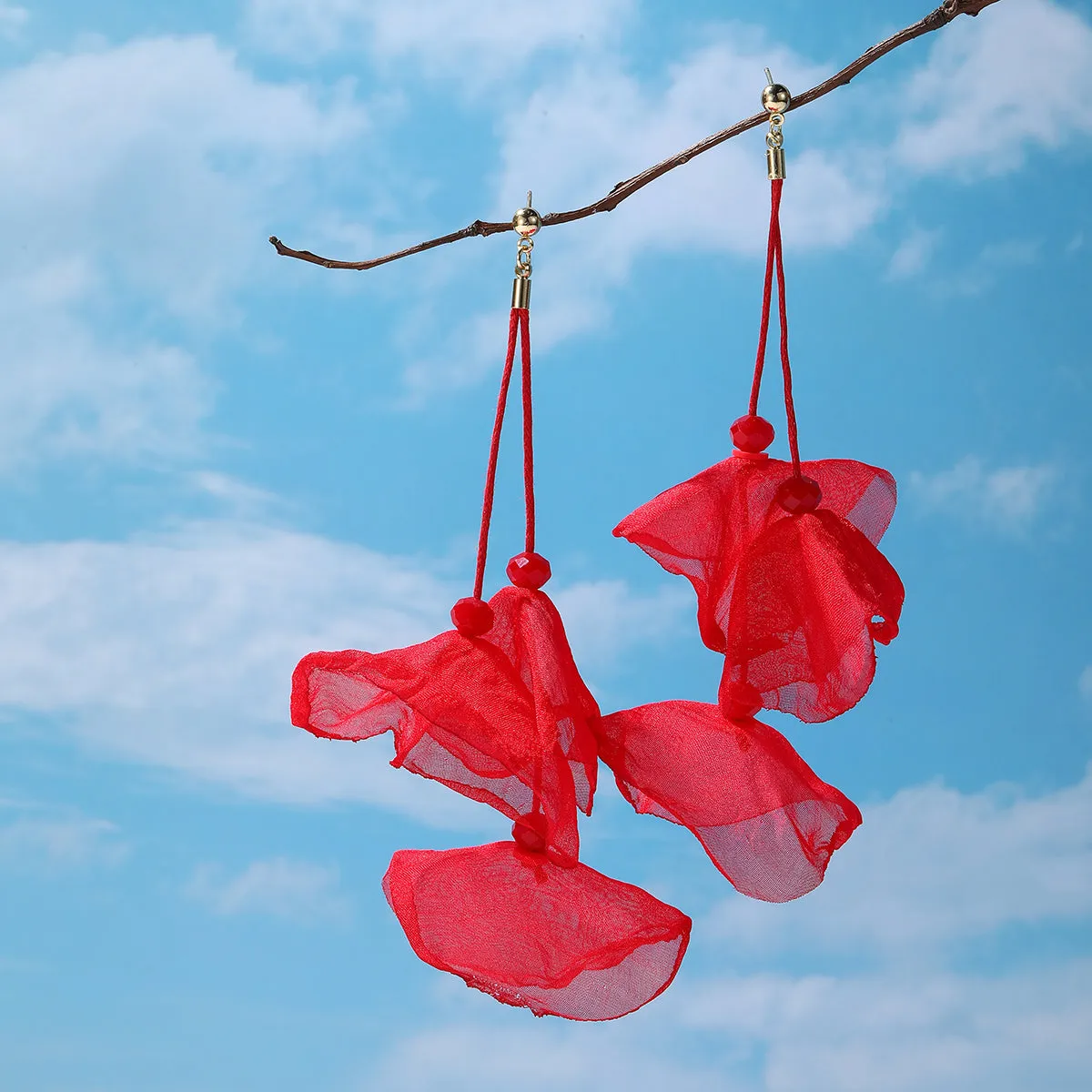 Red Polyster & 18K Gold-Plated Three-Petal Drop Earrings