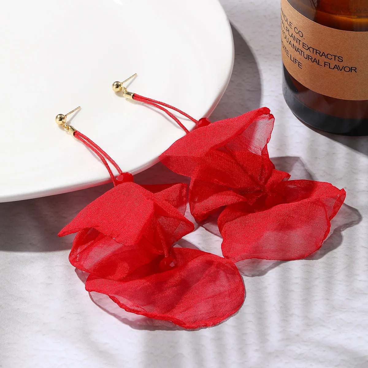 Red Polyster & 18K Gold-Plated Three-Petal Drop Earrings
