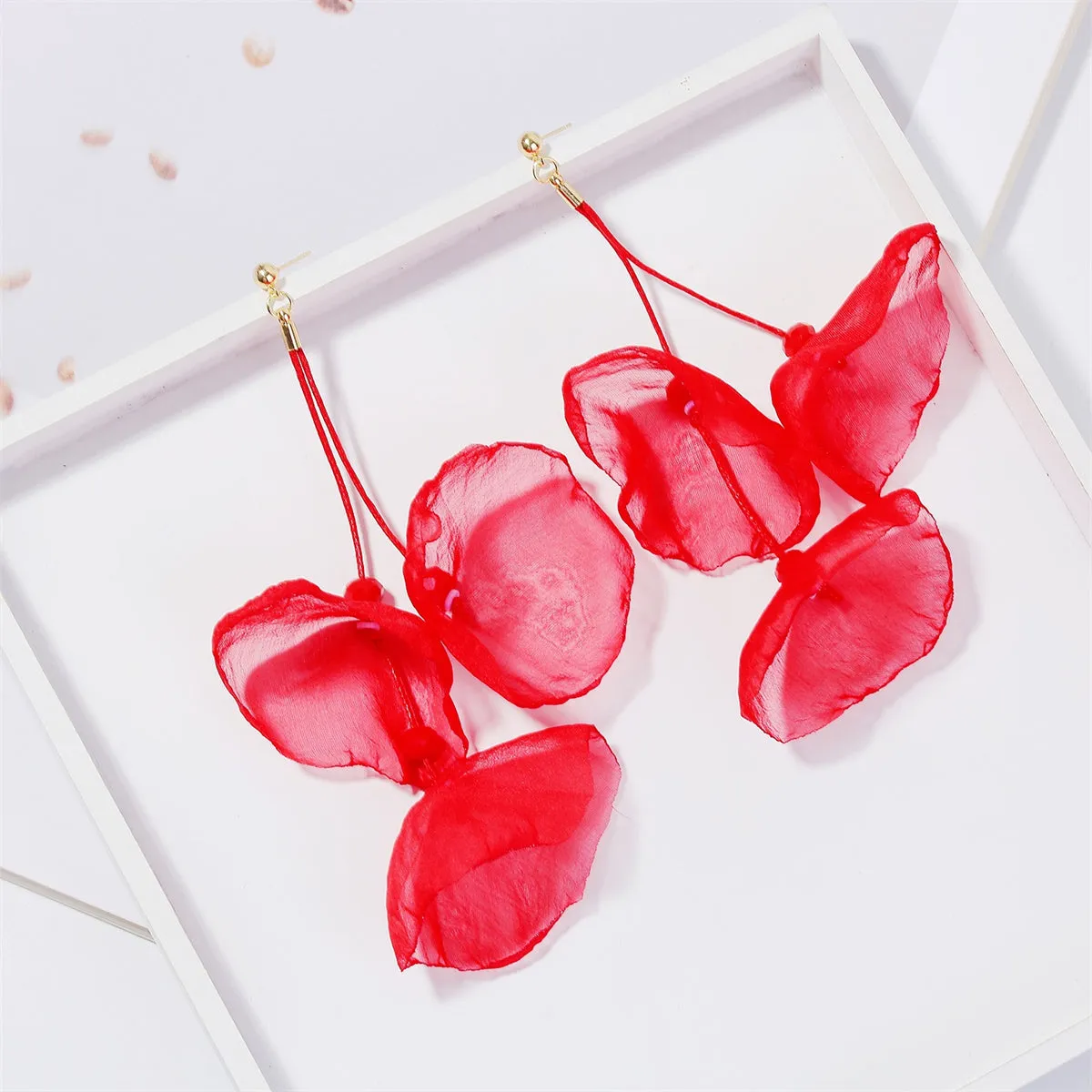 Red Polyster & 18K Gold-Plated Three-Petal Drop Earrings