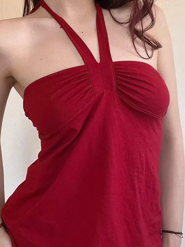 Red Y2k Lace-Up Pleated Bustier Halter Top