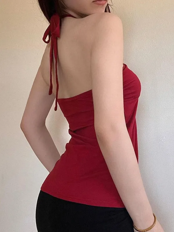 Red Y2k Lace-Up Pleated Bustier Halter Top