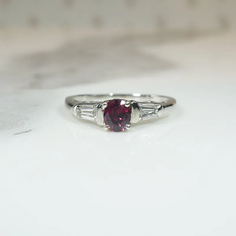 Refined 1950s Ruby & Baguette Diamond Platinum Ring