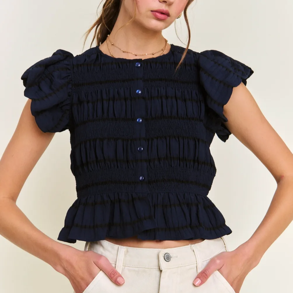 Refined Grace Textured Button Front Blouse Top