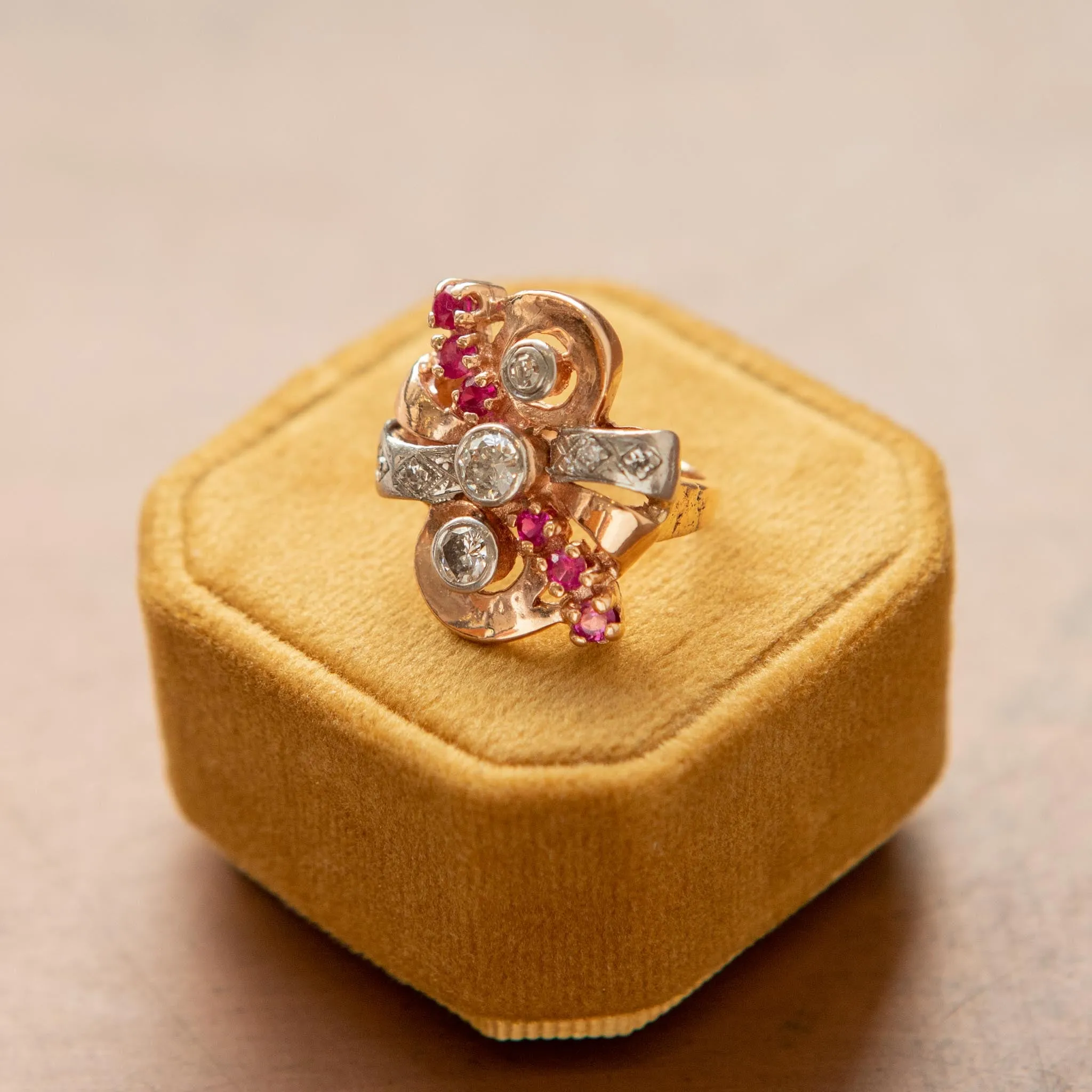 Retro Ruby & Diamond Spray Ring, 14k