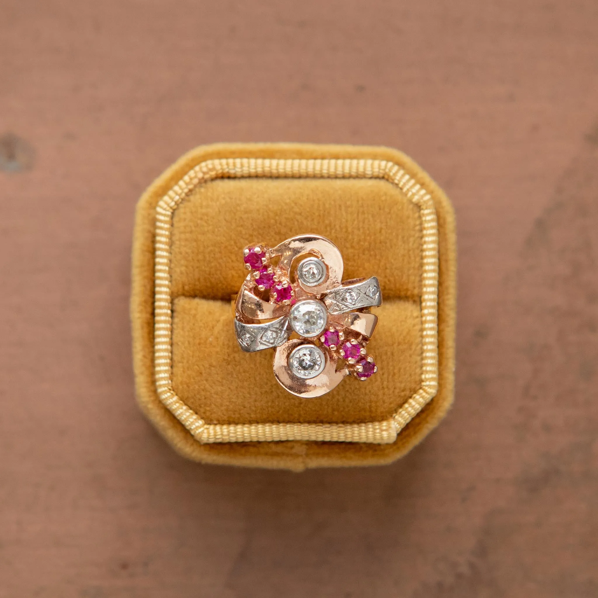Retro Ruby & Diamond Spray Ring, 14k