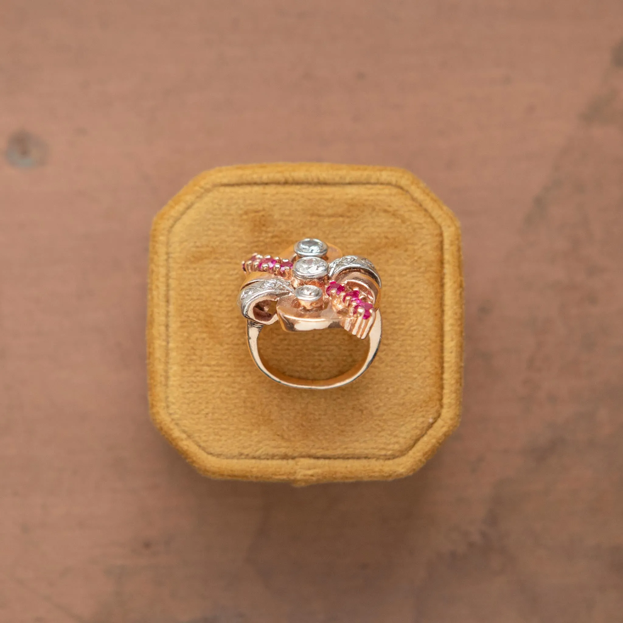 Retro Ruby & Diamond Spray Ring, 14k