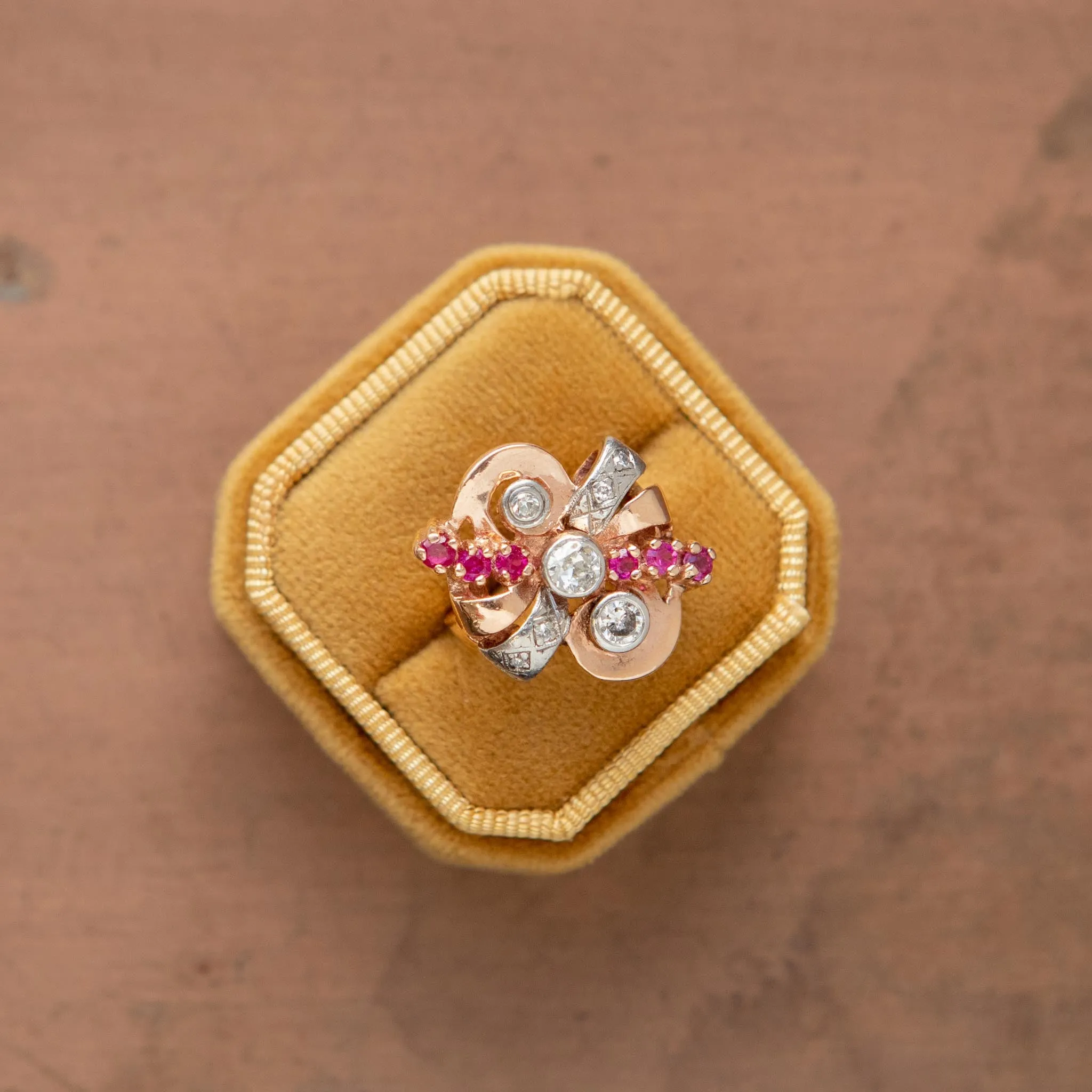 Retro Ruby & Diamond Spray Ring, 14k