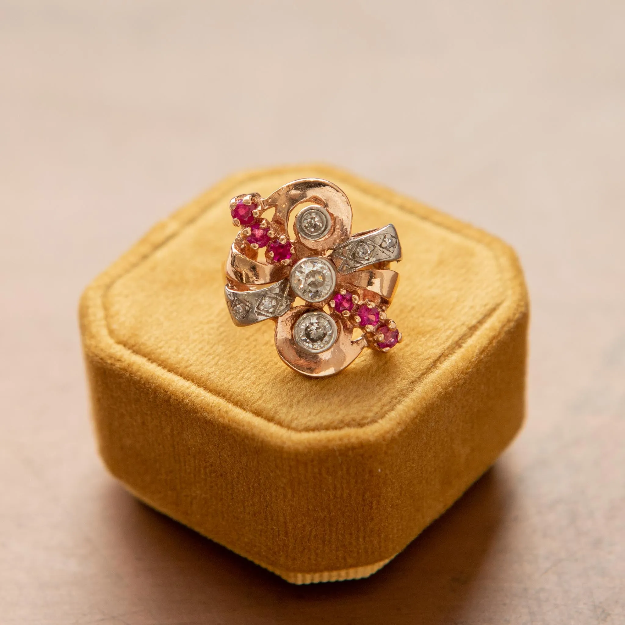Retro Ruby & Diamond Spray Ring, 14k