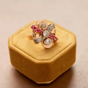 Retro Ruby & Diamond Spray Ring, 14k