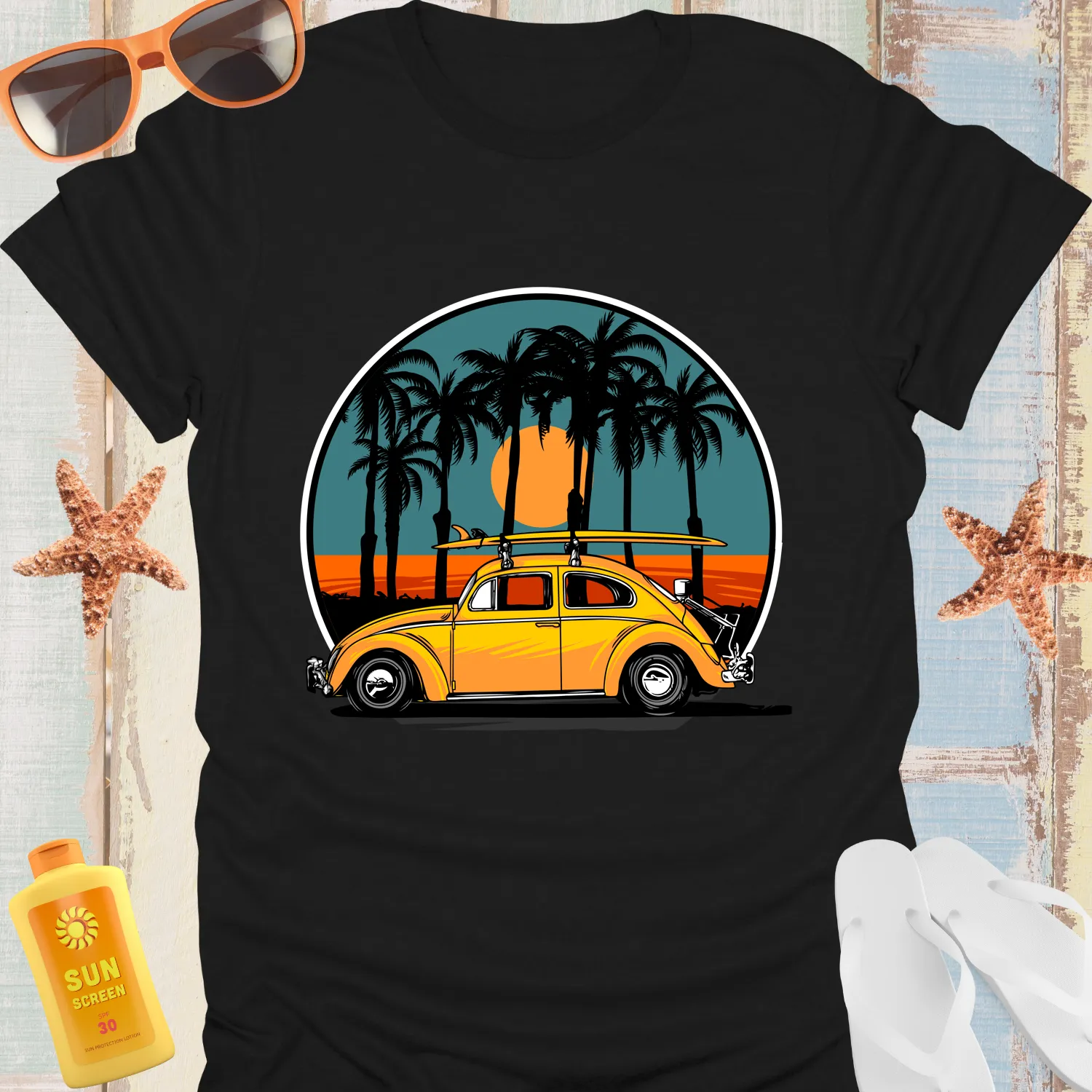 Retro Yellow Surf Car Tshirt Vintage Beach Vibes