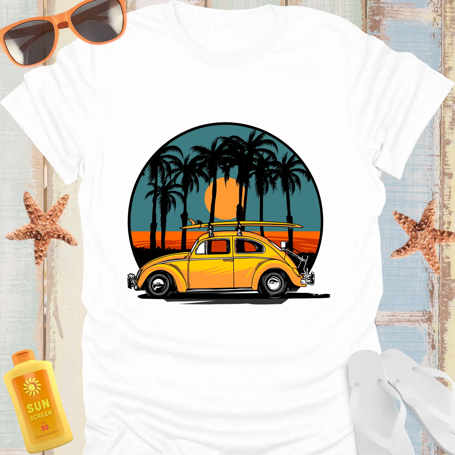 Retro Yellow Surf Car Tshirt Vintage Beach Vibes