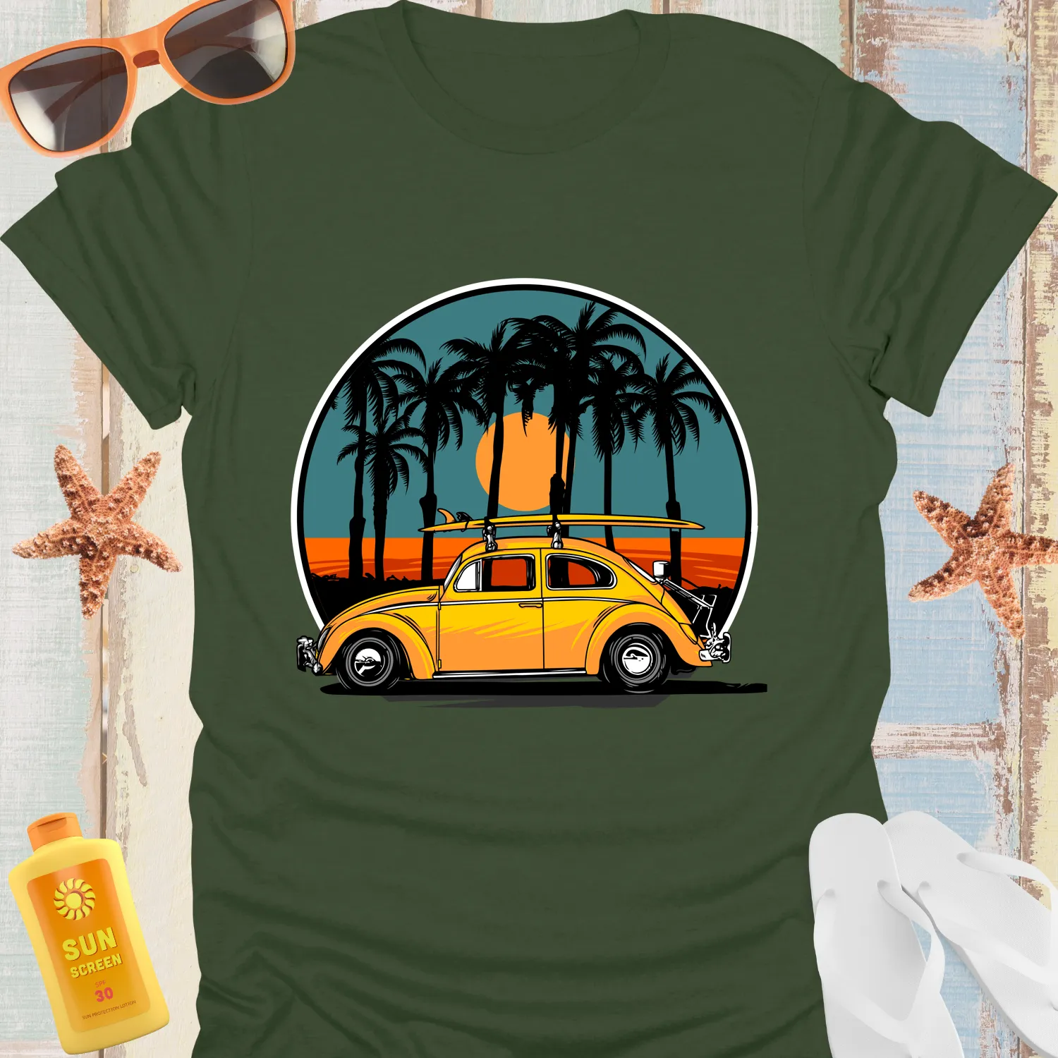 Retro Yellow Surf Car Tshirt Vintage Beach Vibes