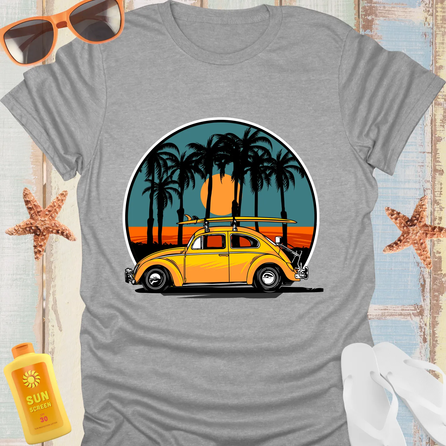 Retro Yellow Surf Car Tshirt Vintage Beach Vibes