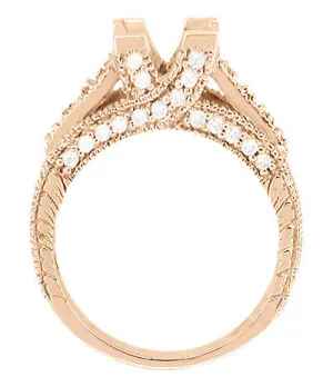 Rose Gold Art Deco X & O Kisses Engagement Ring Setting for a 1 Carat Princess Cut Diamond