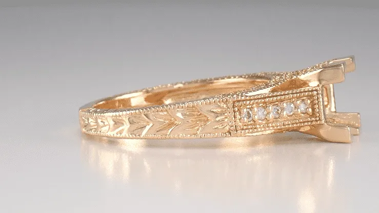 Rose Gold Art Deco X & O Kisses Engagement Ring Setting for a 1 Carat Princess Cut Diamond